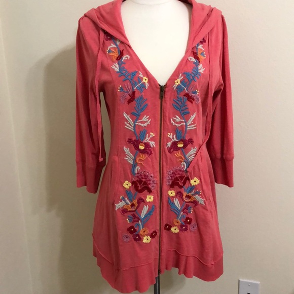 Caite Tops - Embroidered hoodie coral NWT